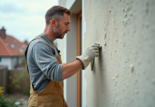 Ouvrier appliquant du plâtre sur une maison moderne