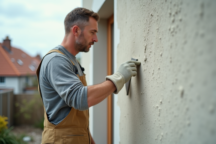 Ouvrier appliquant du plâtre sur une maison moderne