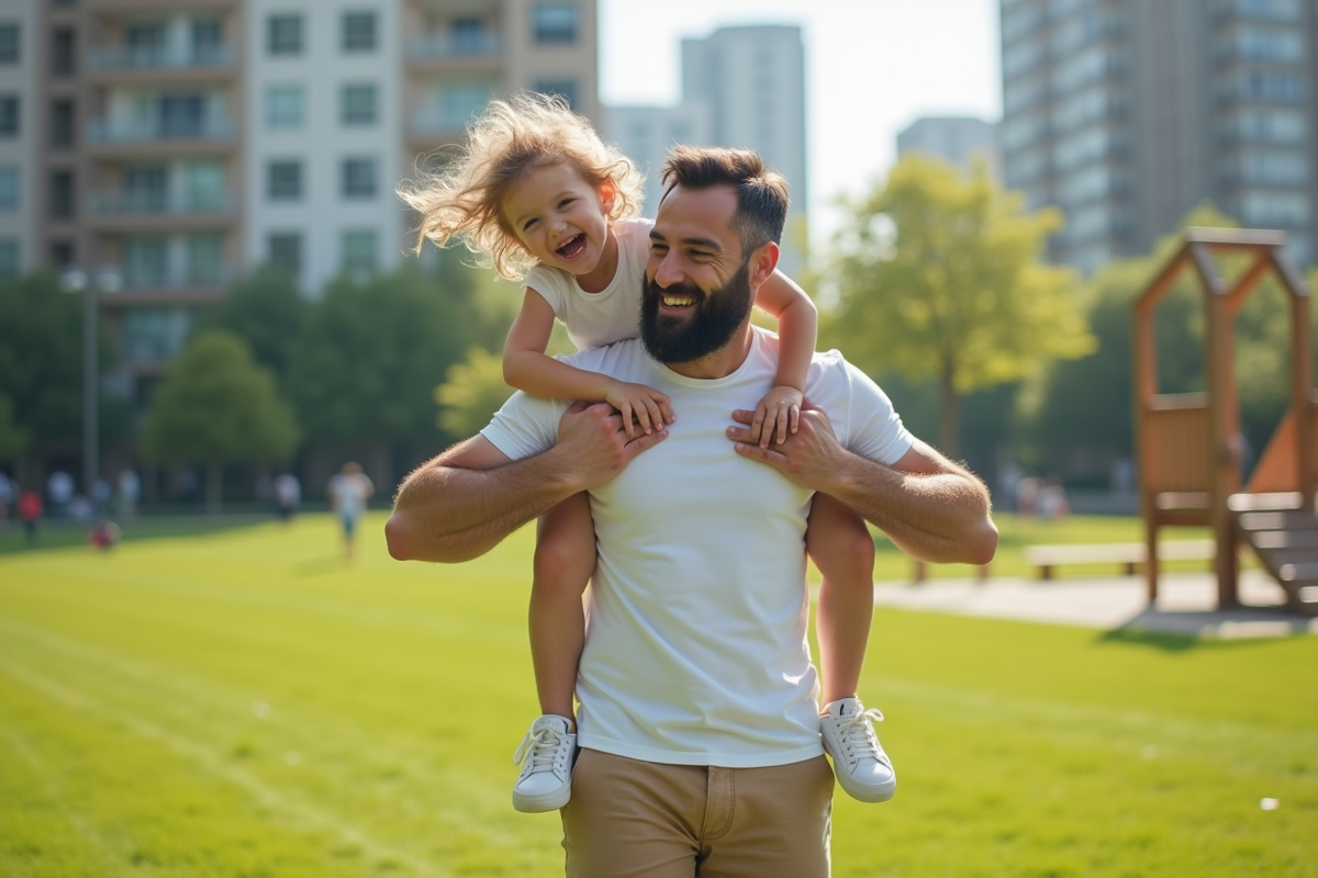 Père et fille jouant dans un parc urbain en plein air