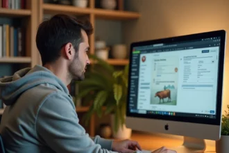 Homme paramétrant son compte sur un logiciel de gestion agricole Simagri devant un ordinateur de bureau