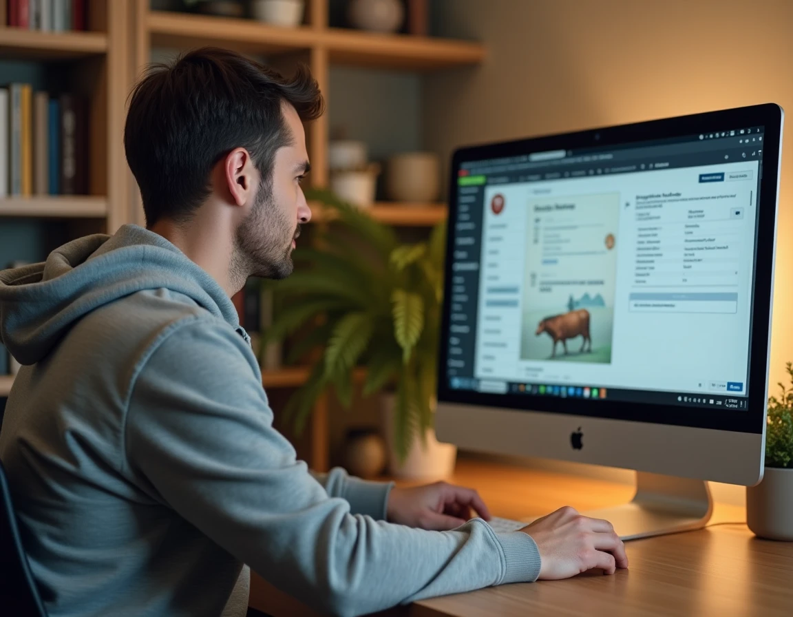 Homme paramétrant son compte sur un logiciel de gestion agricole Simagri devant un ordinateur de bureau