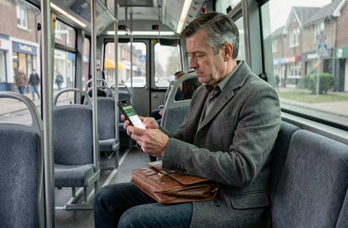 Passager consultant l'itinéraire de la ligne de bus 92 sur son smartphone pendant un trajet domicile-travail