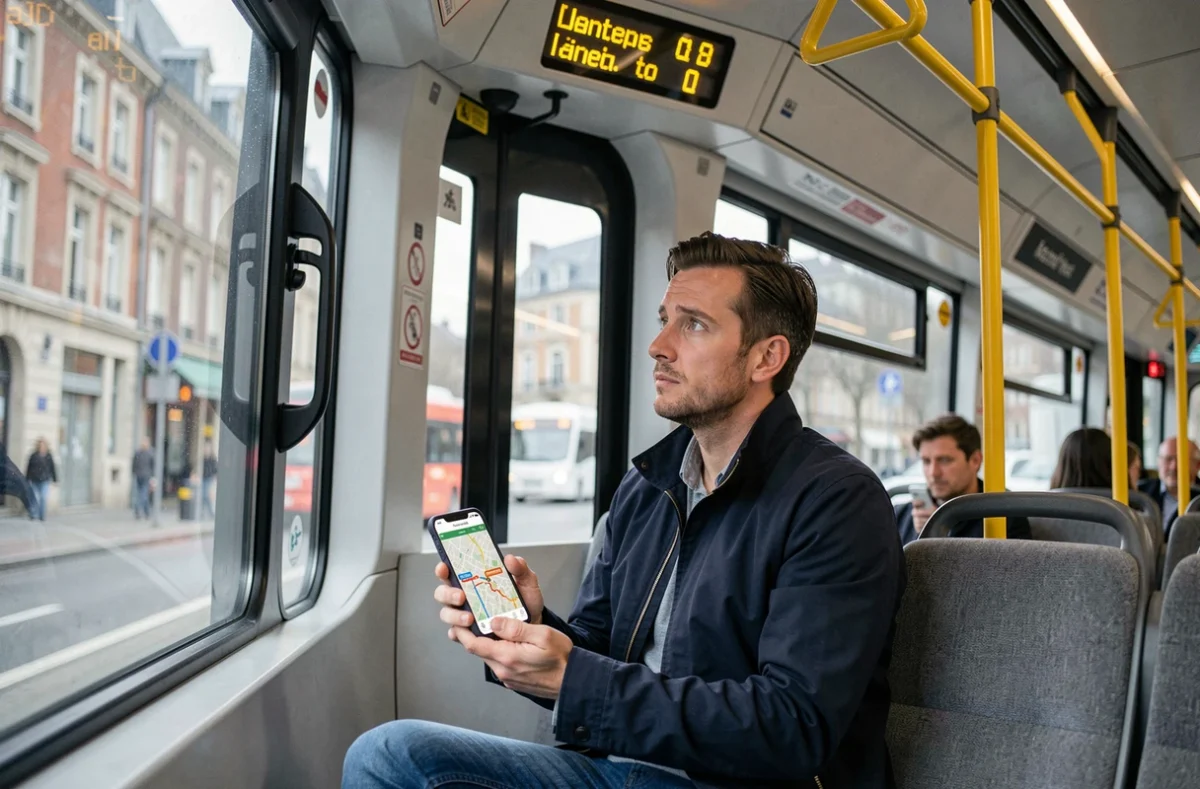 Passager dans le tram de Nantes vérifiant l'arrêt suivant sur son smartphone