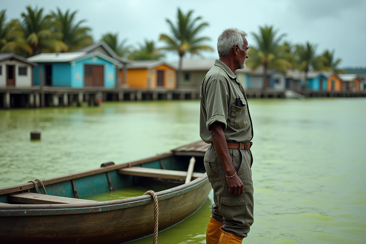 Pêcheur guadeloupéen face à son bateau bloqué par les algues sargasses envahissant le port de pêche