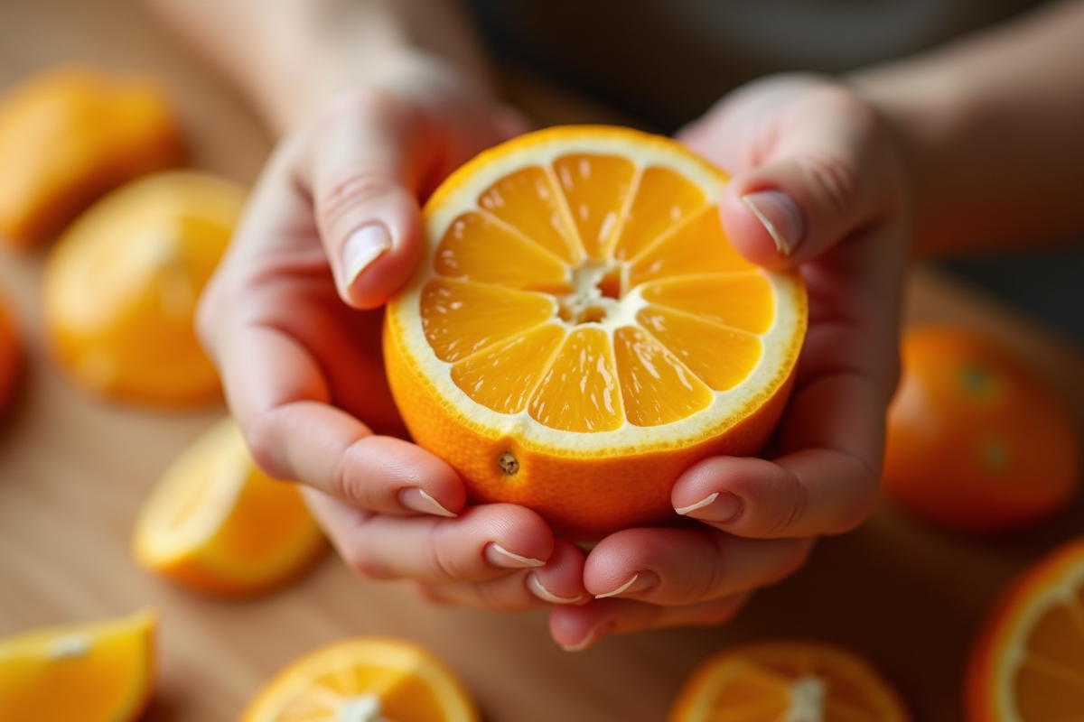 Mains pelant une orange avec texture contrastée de la peau