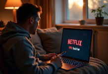 Personne sur un canapé regardant un ordinateur avec logo Netflix et VPN