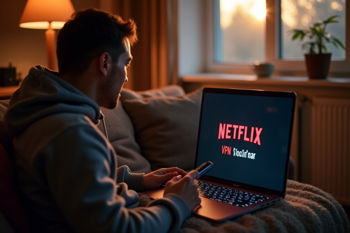 Personne sur un canapé regardant un ordinateur avec logo Netflix et VPN