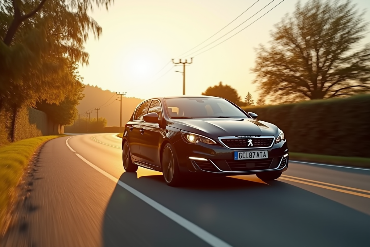 Peugeot 308 GTI en mouvement sur route de banlieue