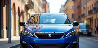 Peugeot 308 GTI bleue en ville en plein jour
