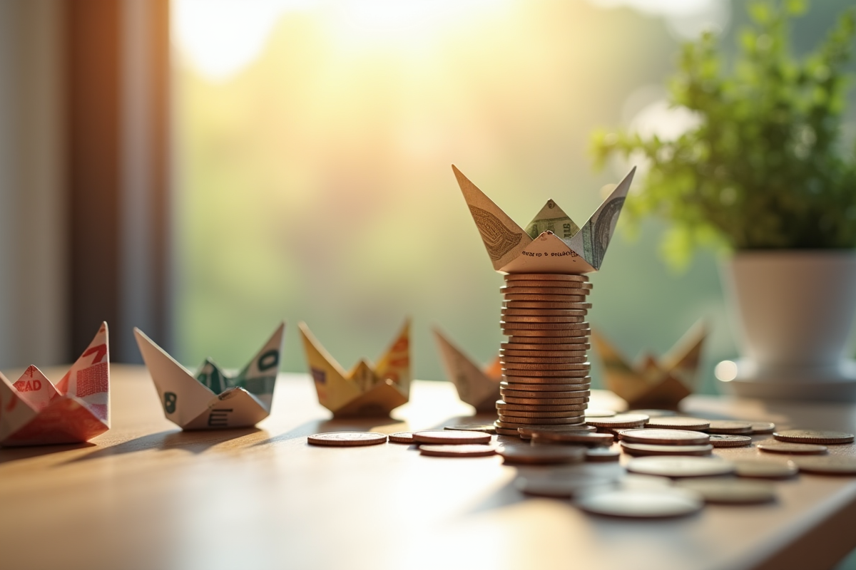 Pièces de monnaie équilibrant sur une table avec des origamis de billets