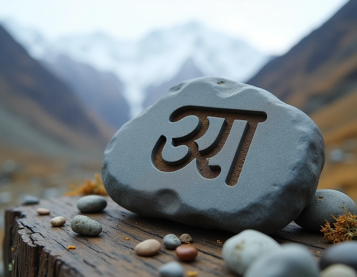 Pierre mani gravée avec le mantra tibétain Om Mani Padme Hum dans un paysage himalayan