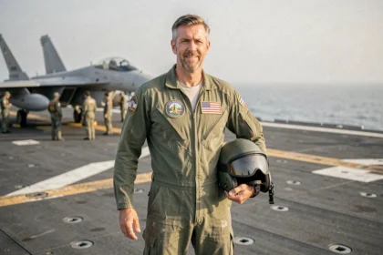 Pilote de chasse en combinaison de vol sur le pont d'un porte-avions, évoquant l'univers de Top Gun 3