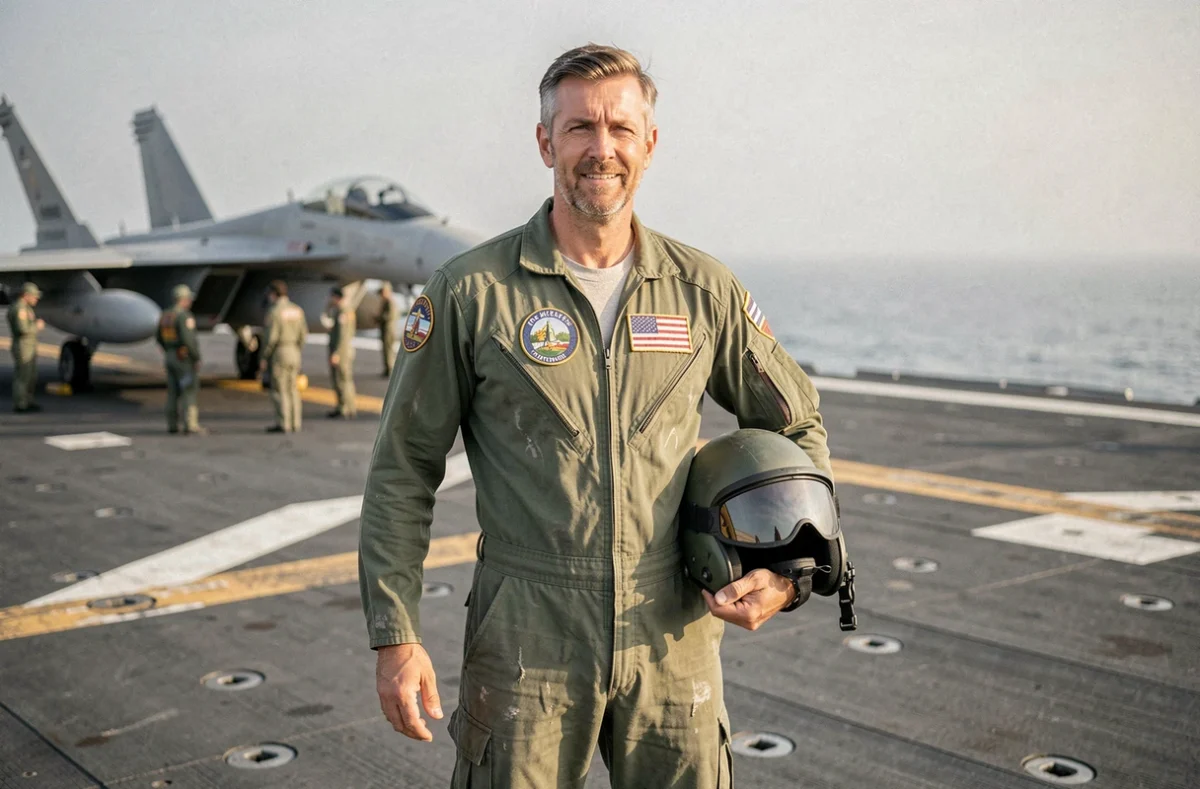 Pilote de chasse en combinaison de vol sur le pont d'un porte-avions, évoquant l'univers de Top Gun 3