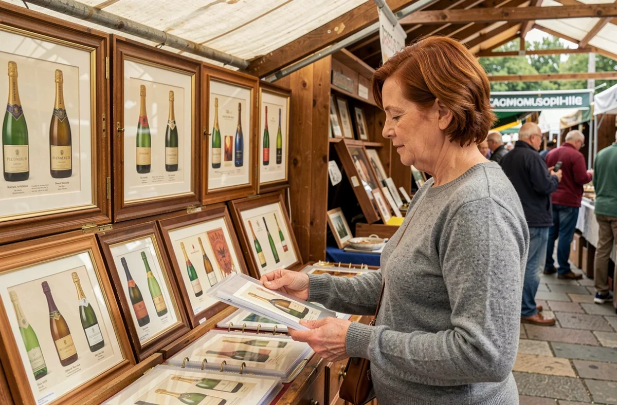 Collectionneuse de placomusophilie parcourant des capsules de champagne rares dans un marché aux puces
