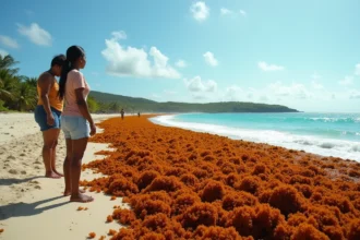 Plage de Guadeloupe envahie par les sargasses, habitants observant l'accumulation d'algues brunes sur le littoral