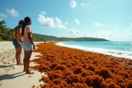 Plage de Guadeloupe envahie par les sargasses, habitants observant l'accumulation d'algues brunes sur le littoral