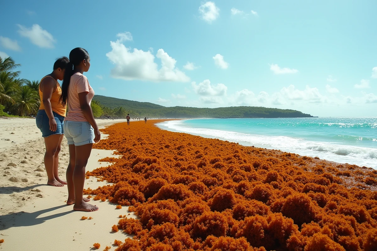 Plage de Guadeloupe envahie par les sargasses, habitants observant l'accumulation d'algues brunes sur le littoral