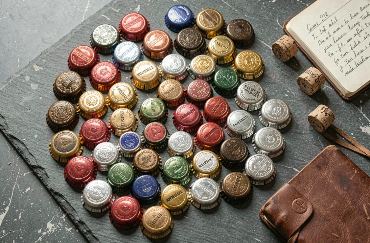 Collection de plaques de muselet de champagne vintage disposées en spirale sur une surface en ardoise