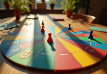 Plateau de trivial pursuit vu dessus avec pièces colorées