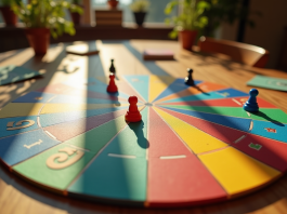 Plateau de trivial pursuit vu dessus avec pièces colorées
