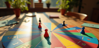 Plateau de trivial pursuit vu dessus avec pièces colorées
