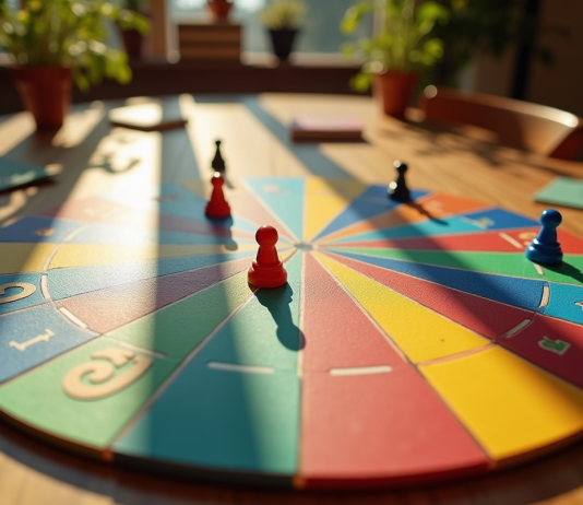 Combien de cases dans un jeu de Trivial Pursuit : découvrez les subtilités du plateau Plateau de trivial pursuit vu dessus avec pièces colorées