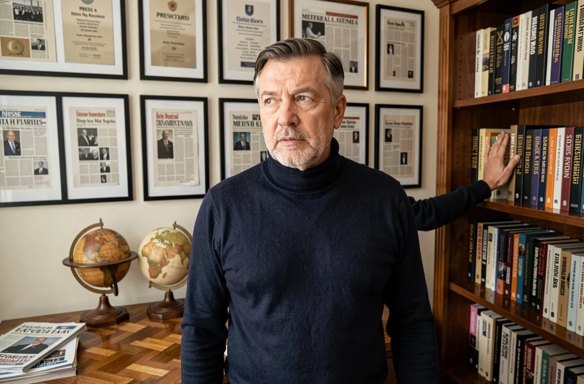 Journaliste expérimenté dans un bureau éditorial entouré de références de presse internationale, portrait professionnel évoquant une carrière journalistique accomplie