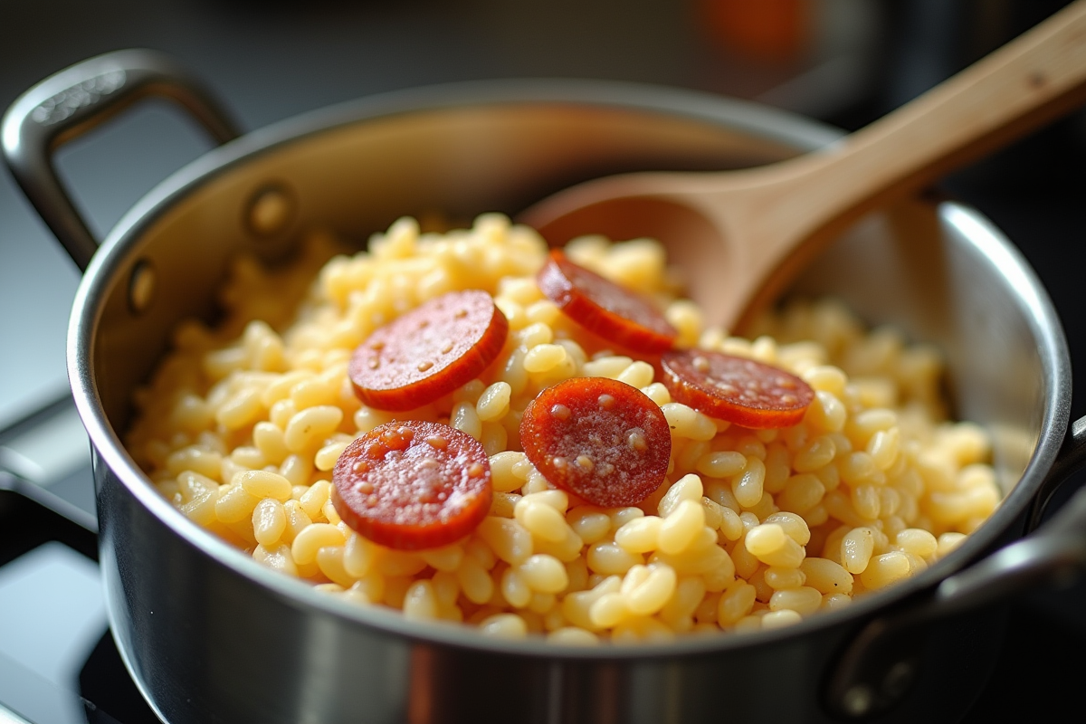 Remuer le risotto crémeux avec des tranches de chorizo dans une casserole