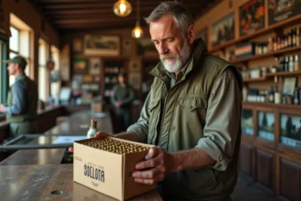 Chasseur examinant le prix d'une boîte de cartouches dans une boutique de chasse en Espagne