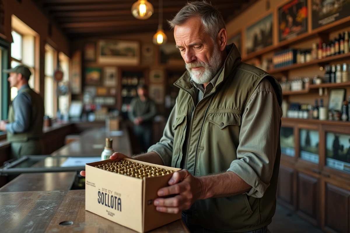 Chasseur examinant le prix d'une boîte de cartouches dans une boutique de chasse en Espagne