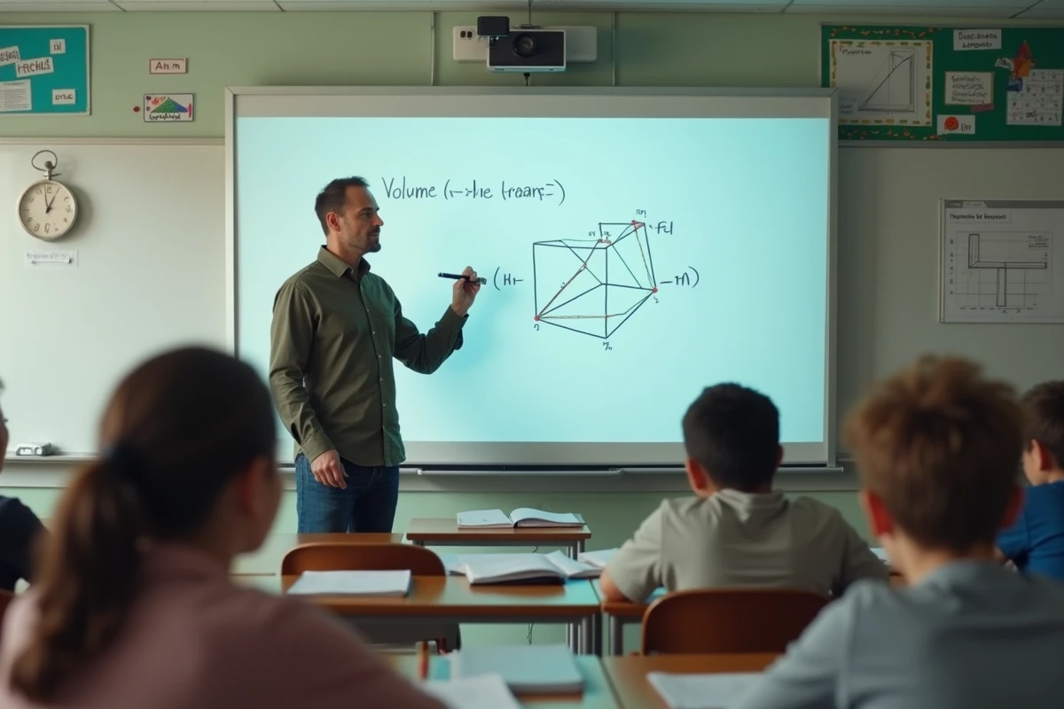 Professeur de mathématiques écrivant la formule de volume d'un triangle au tableau dans une salle de classe de collège