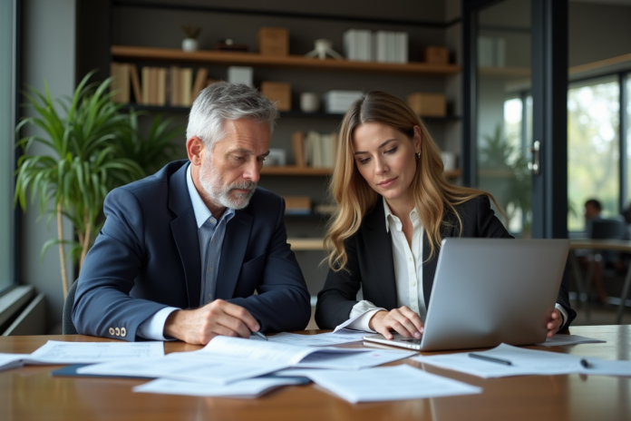professionnels-analyse-financiere Homme et femme d'affaires analysant des documents financiers