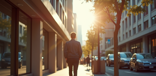Évaluer votre activité en pas et en kilomètres : parcours de 4000 pas Personne marchant rapidement en ville en plein jour