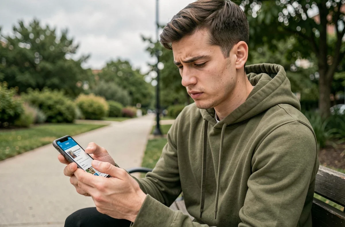Jeune homme utilisant un service gratuit de recherche de numéro de téléphone inconnu dans un parc