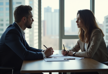 Les différentes étapes d’un divorce : quel budget prévoir ? Couple en réunion d'avocats avec documents légaux