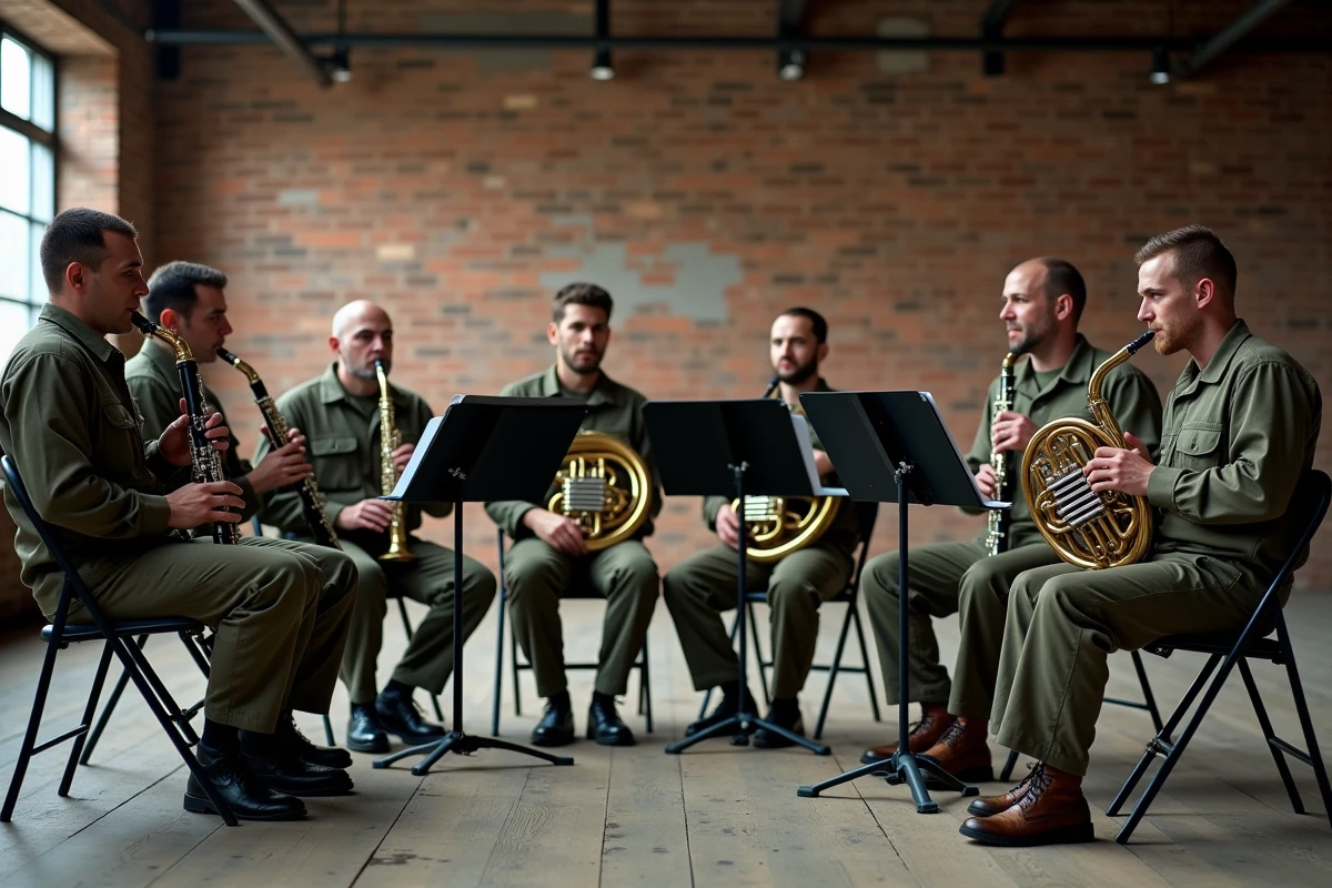Musiciens militaires en répétition dans une salle de caserne aux murs de briques