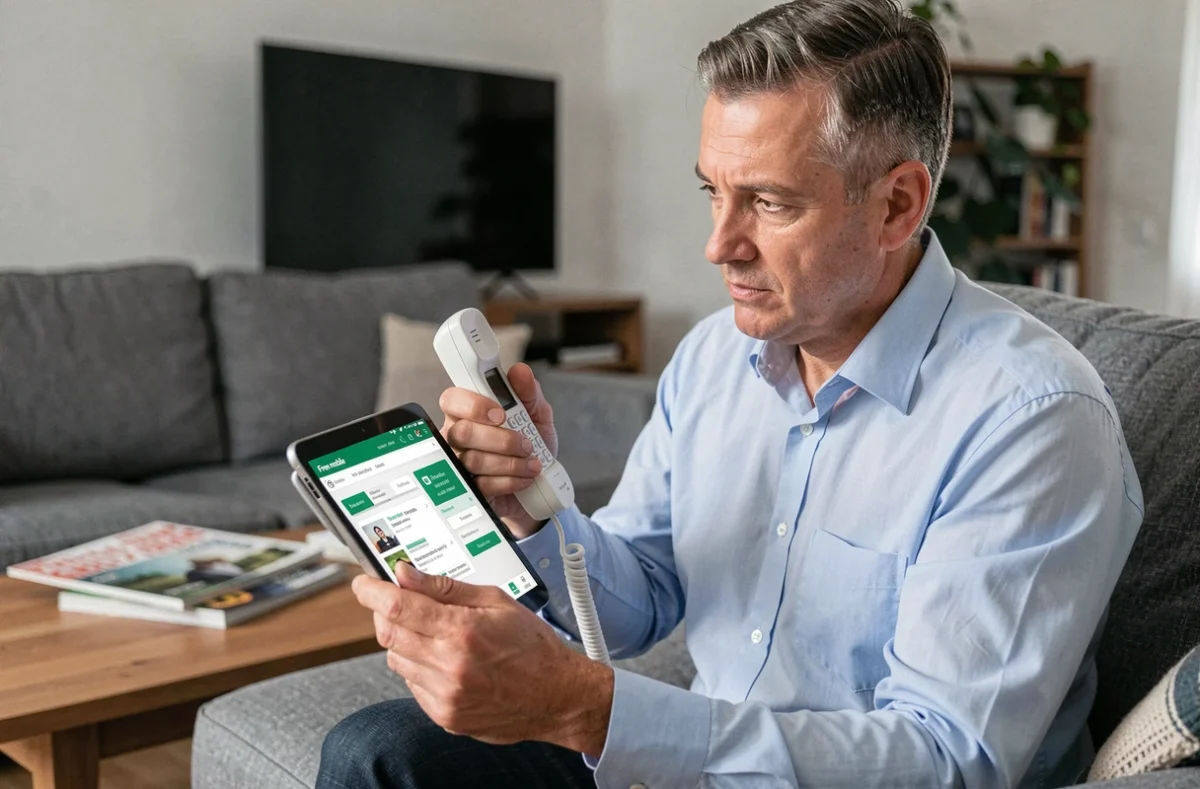 Homme comparant le répondeur Free fixe et l'application Free sur tablette dans un salon