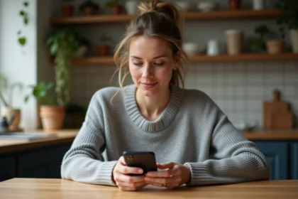 Femme tenant une carte SIM tout en consultant son smartphone pour résilier son forfait Free et conserver son numéro