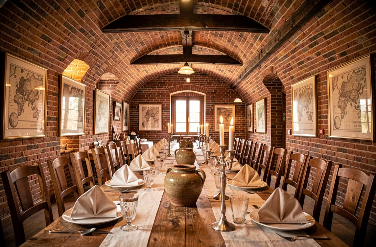 Salle de réception de La Kruys-Straete dans un cadre flamand authentique avec voûtes en briques et longues tables banquet