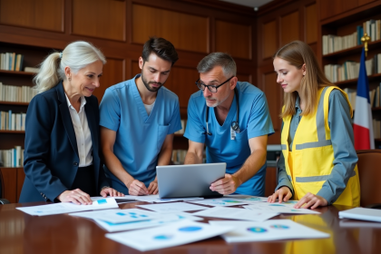 Groupe d'adultes divers autour d'une table en réunion officielle