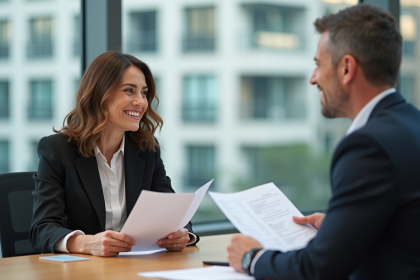 Une femme et un homme en réunion d'affaires dans une salle lumineuse