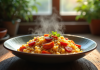 Bol de risotto au chorizo chaud sur une table en bois