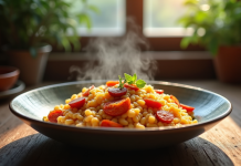 Bol de risotto au chorizo chaud sur une table en bois