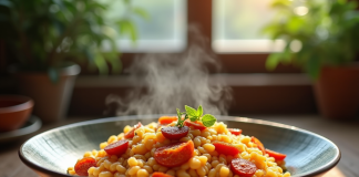 Bol de risotto au chorizo chaud sur une table en bois