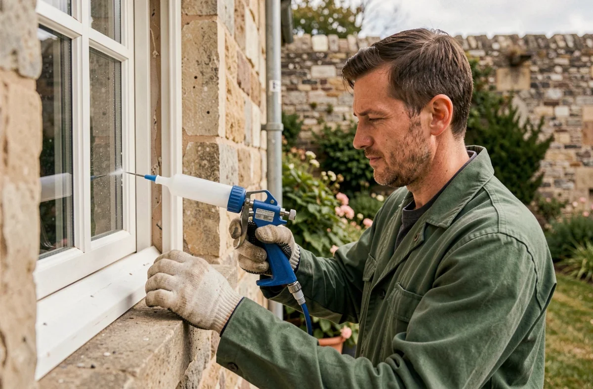 Vitrier de la Sarl Abatis appliquant du mastic silicone sur un encadrement de fenêtre d'une maison bretonne