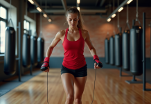 Intégrer efficacement la corde à sauter dans votre entraînement de boxe Jeune femme sportive sautant à la corde en salle de boxe