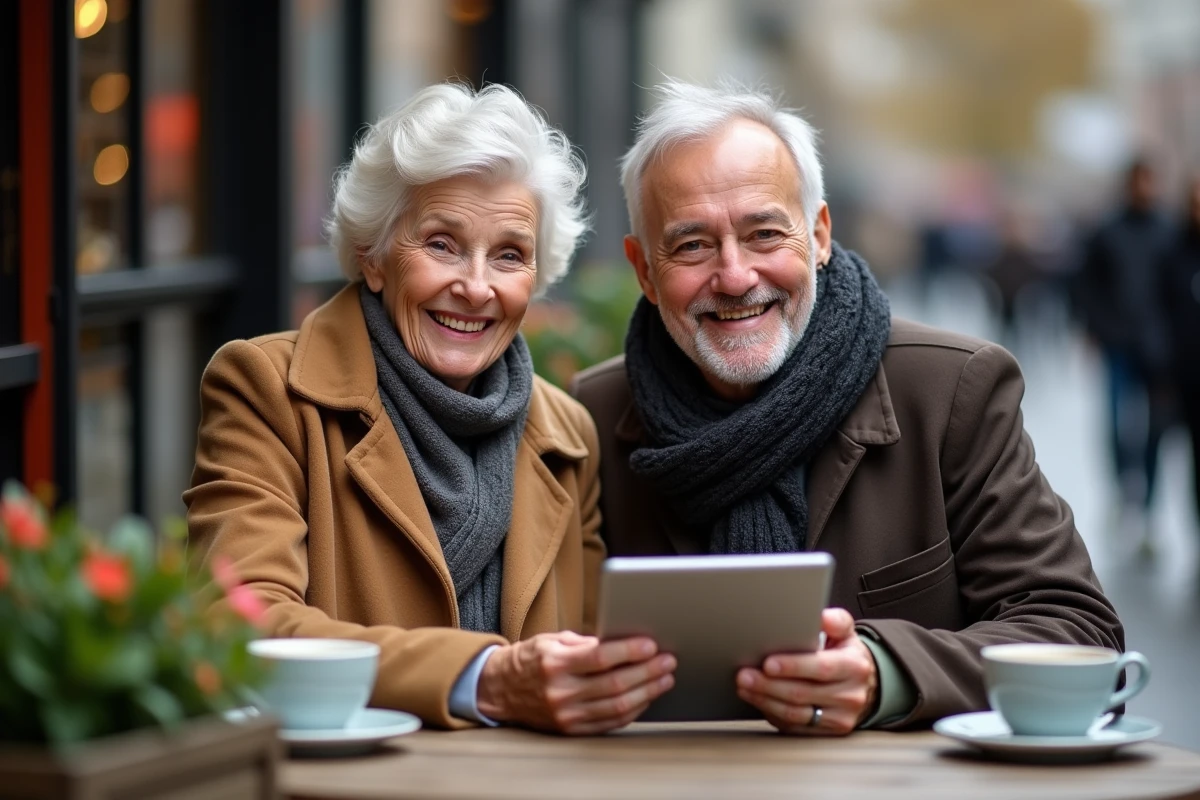 Couple senior souriant avec tablette sur café en ville