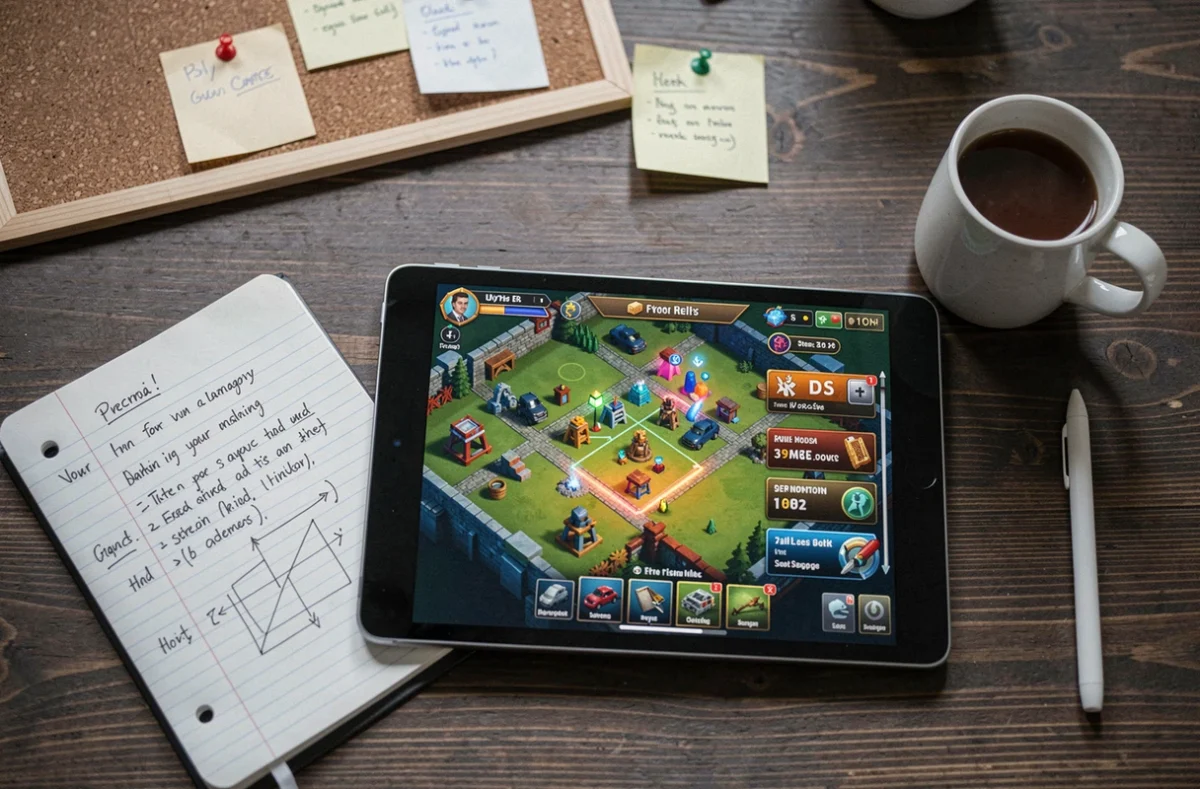 Vue aérienne d'un bureau de joueur avec tablette affichant une carte de jeu tower defense et notes stratégiques manuscrites