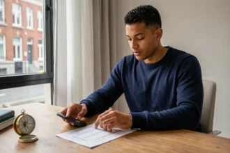 Homme consultant un horaire de prière islamique sur smartphone et agenda papier dans un appartement moderne à Tourcoing