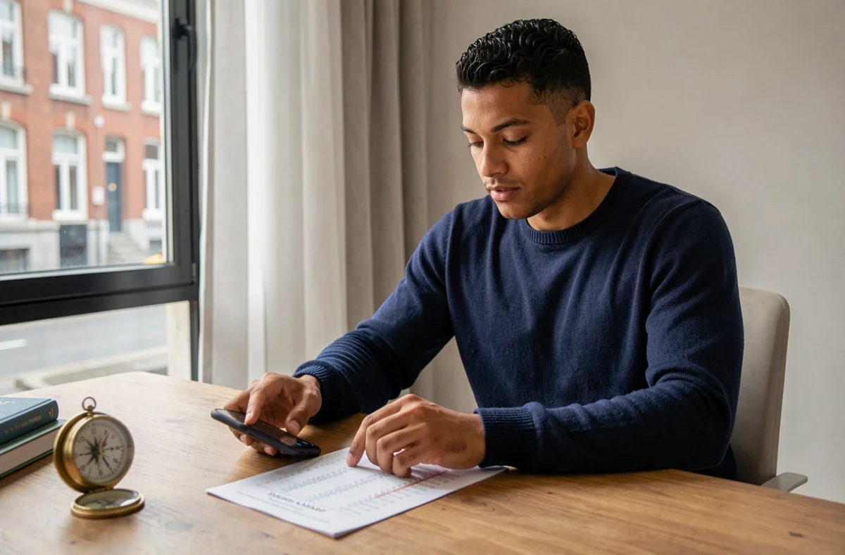 Homme consultant un horaire de prière islamique sur smartphone et agenda papier dans un appartement moderne à Tourcoing